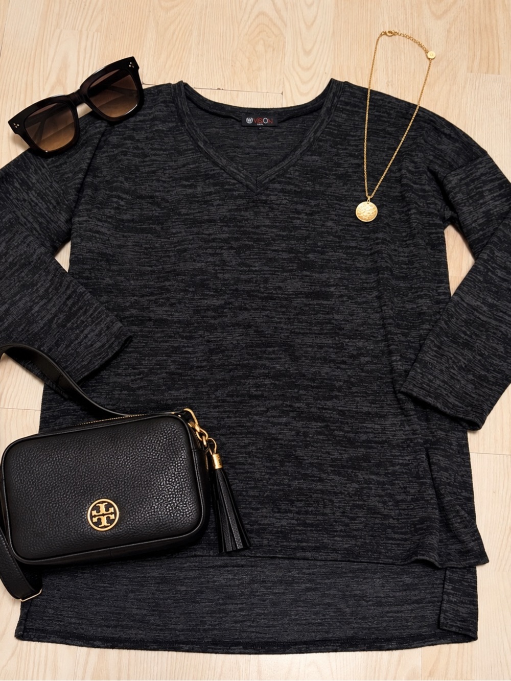 Women’s Black Marled V-Neck Long Sleeve Top